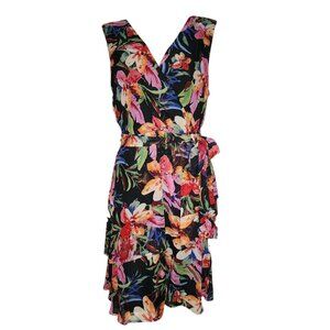Connected Apparel Dress Womens Size 14 Black Floral Chiffon Sleeveless Belted